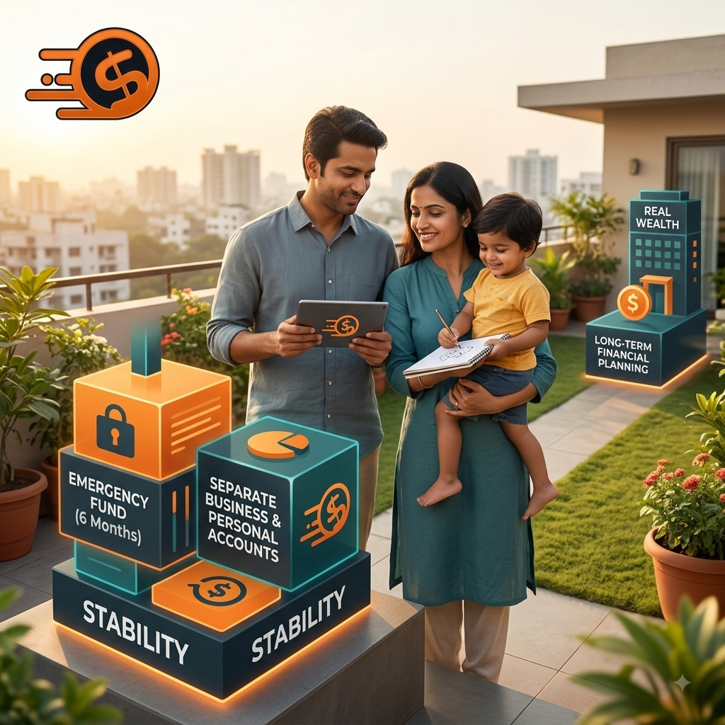 A secure Indian entrepreneurial family visualizing their long-term financial planning with emergency funds and separate business accounts, featuring the Real Wealth Business branding and logo.