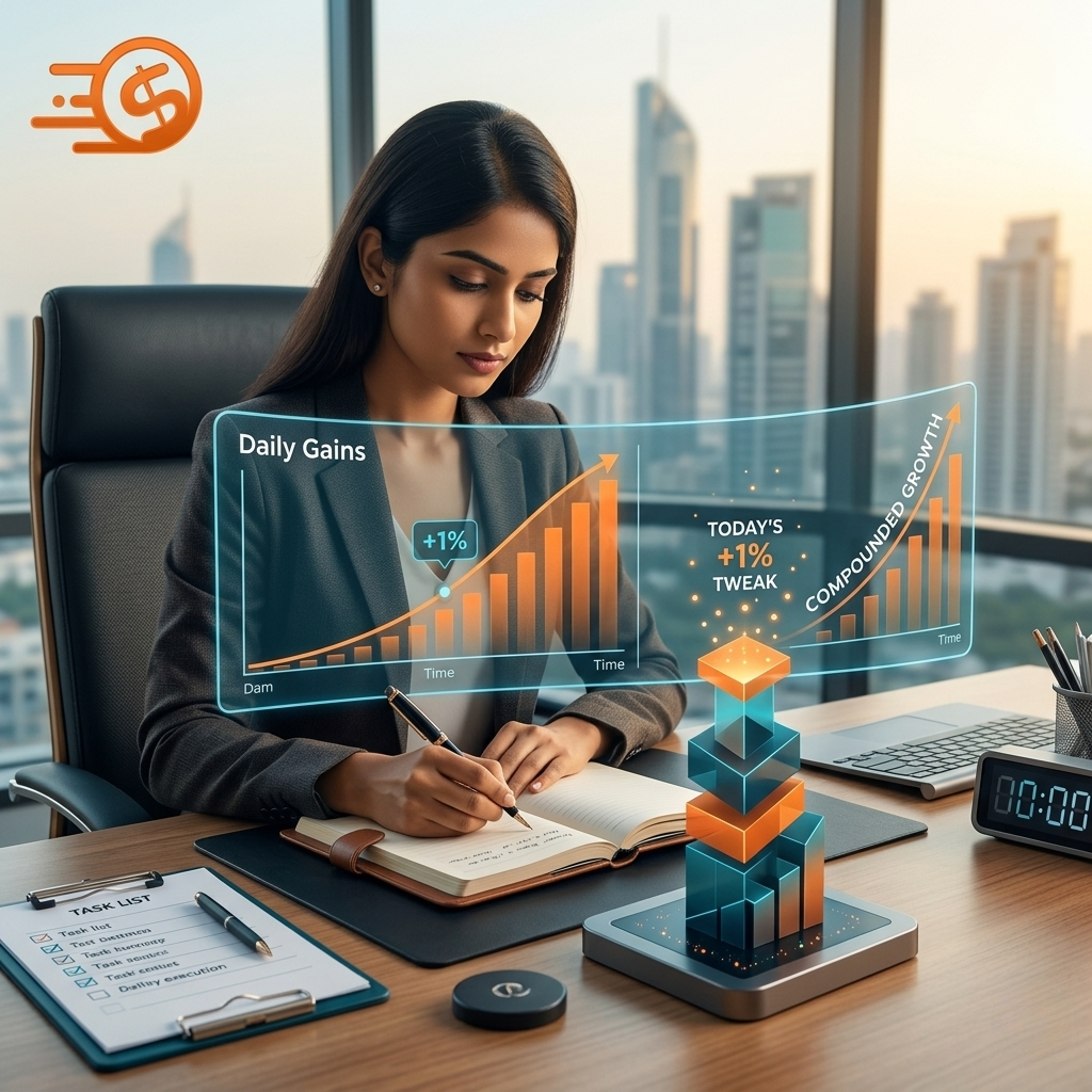 An active businesswoman analyzing a data display visualizing the 1% rule and compounded daily growth, utilizing the Real Wealth Business logo as part of sustainable business growth strategies.