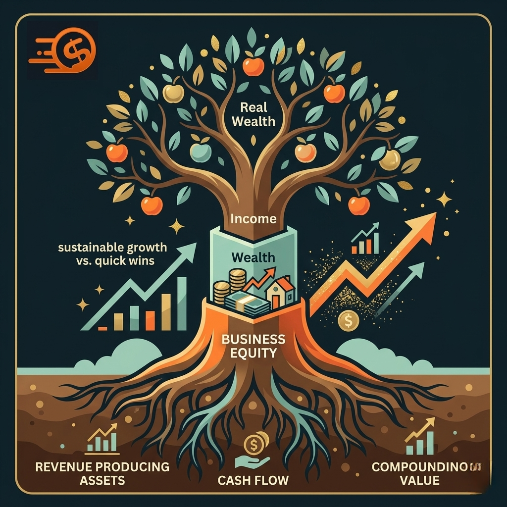 A strategic infographic illustrating the Real Wealth Framework, showing a deep-rooted tree built on sustainable revenue assets and automated cash flow, with the Real Wealth Business logo in the corner.