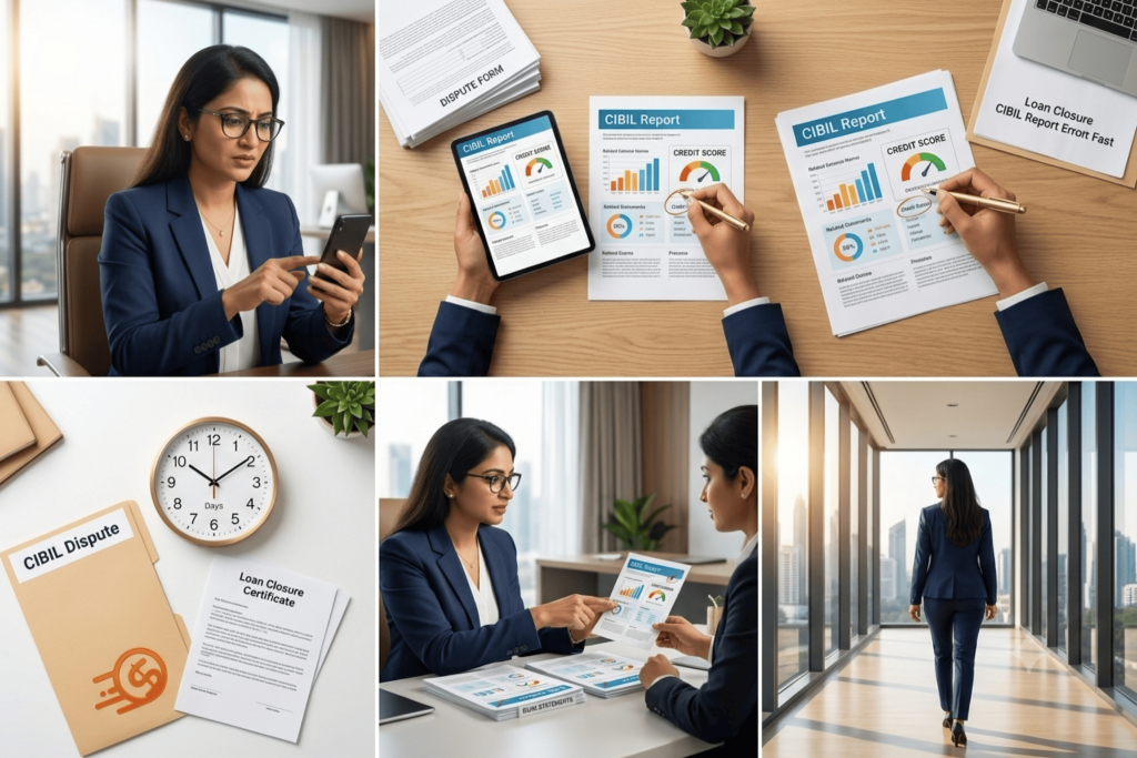 female financial advisor reviewing Cibil report errors on laptop real wealth business India