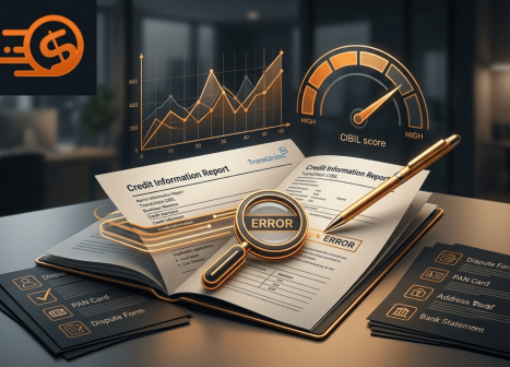 High credit score gauge meter beside financial planning charts and CIBIL report analysis