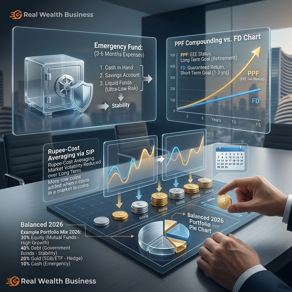 Real Wealth Business 2026 investment comparison infographic: emergency funds, PPF, SIP, and balanced portfolio.