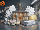 Home loan comparison background featuring business financial records, salary slips, and currency notes for financial planning.