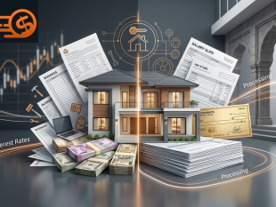 Home loan comparison background featuring business financial records, salary slips, and currency notes for financial planning.