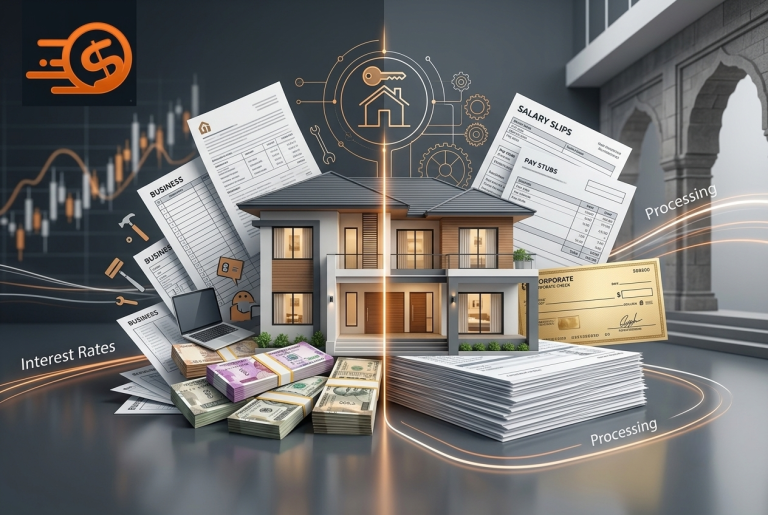 Home loan comparison background featuring business financial records, salary slips, and currency notes for financial planning.
